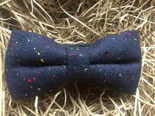 Load image into Gallery viewer, A blue flecked wool bow tie, Ideal as a men&#39;s gift, wedding bow tie and groomsmen gifts. The bow tie is handmade at Daisy and Oak Studio, UK