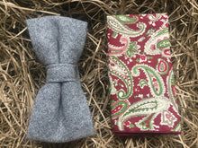 Load image into Gallery viewer, A grey wool bow tie and paisley red pocket sqaure. Gift wrapped to make the ideal men&#39;s Christmas gift.