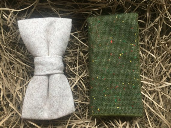 A man's cream bow tie and moss green wool pocket square. THis ivory bow tie and pocket square set comes with free gift wrapping and is handmade at the Daisy and Oak Studio, UK