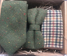 Load image into Gallery viewer, An olive green mens flecked wool tie, bow tie and check pocket square. THe set is the perfect gift for men and comes with free gift wrapping. The moss set is handmade at Daisy and Oak Studio, UK