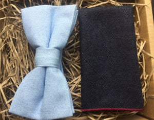 The Periwinkle and Bell Flower: Baby Blue Pre-Tied Bow Tie, Navy Pocket Square, Mens Bow Ties, Wedding Ties