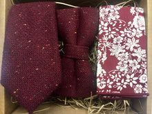Load image into Gallery viewer, The Oak and Amaryllis: Burgundy Tweed Tie, Maroon Red Bow Tie, Floral Pocket Square, Mulberry WeddingTies, Tweed Ties, Ties For Men