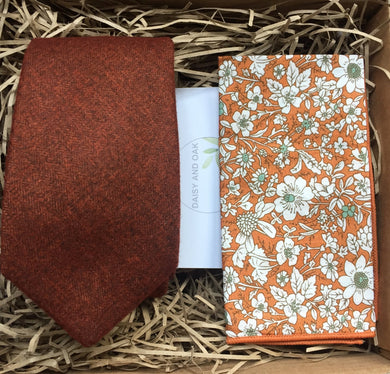 Skyrocket and Marigold: Men's Tie Set, Wedding, Burnt Orange, Rust, Pocket Square, Handkerchief, Gifts, Wedding, Guest