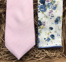 Load image into Gallery viewer, The  Foxglove and Delphinium: Blush Pink Men&#39;s Ties, Tie Set, Floral Pocket Square, Mens Gifts, Wedding Ties, Groomsmen Gifts, Slim Ties