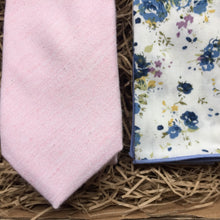 Load image into Gallery viewer, The  Foxglove and Delphinium: Blush Pink Men&#39;s Ties, Tie Set, Floral Pocket Square, Mens Gifts, Wedding Ties, Groomsmen Gifts, Slim Ties