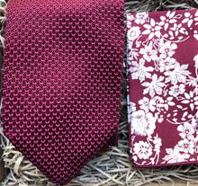 Load image into Gallery viewer, The  Mulberry Red Knitted Necktie &amp; Amaryllis Pocket Square: Red Knitted Necktie, Mulberry Tie, Floral Pocket Square, Ties for Men,