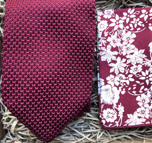 The  Mulberry Red Knitted Necktie & Amaryllis Pocket Square: Red Knitted Necktie, Mulberry Tie, Floral Pocket Square, Ties for Men,