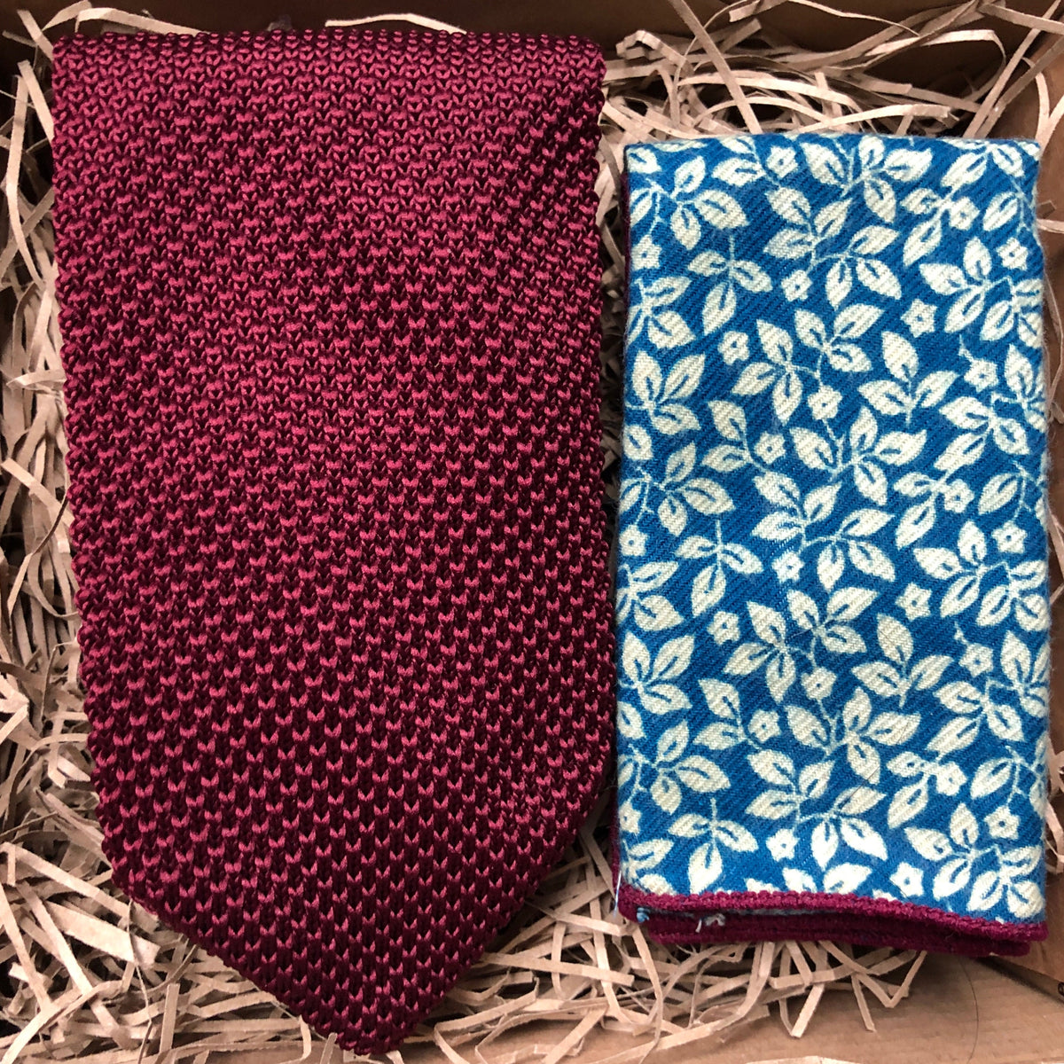 The  Mulberry Red Knitted Necktie & Bluestem Floral Pocket Square: Red Knitted Necktie, Mulberry Tie, Floral Pocket Square, Ties for Men,