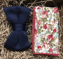 Load image into Gallery viewer, The Larkspur Bow Tie and Floral Pocket Square: Navy Pre-Tied Bow Tie, Blue Knitted Bow Tie, Knitted Bow Tie, Men&#39;s Gifts, Men&#39;s Bow Ties