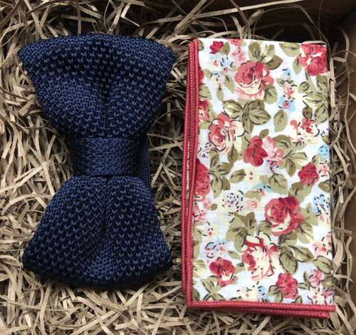 The Larkspur Bow Tie and Floral Pocket Square: Navy Pre-Tied Bow Tie, Blue Knitted Bow Tie, Knitted Bow Tie, Men's Gifts, Men's Bow Ties