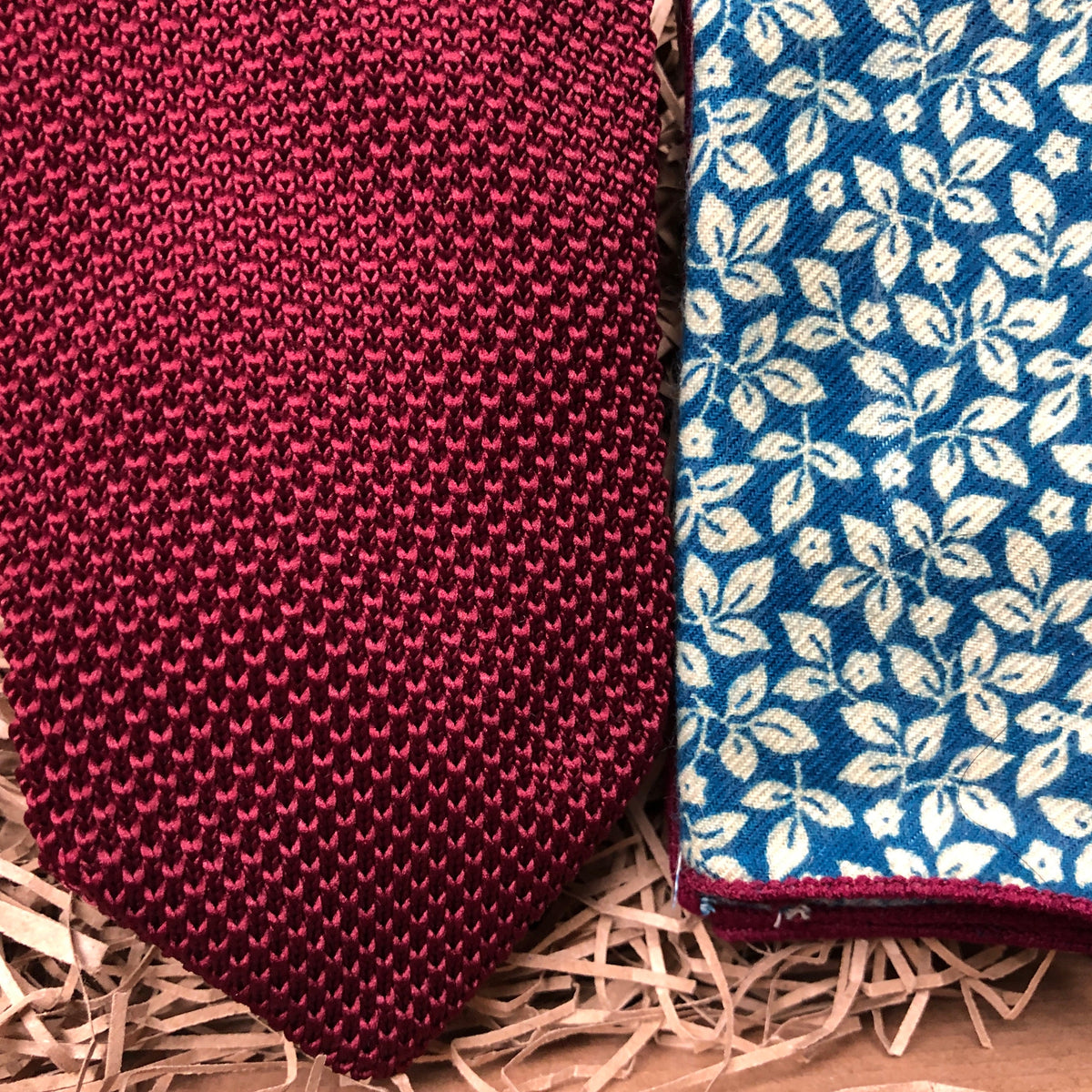 The  Mulberry Red Knitted Necktie & Bluestem Floral Pocket Square: Red Knitted Necktie, Mulberry Tie, Floral Pocket Square, Ties for Men,