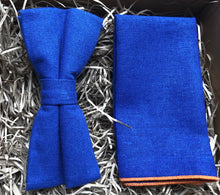 Load image into Gallery viewer, The Desert Bluebell Set: Royal Blue Linen Bow Tie, Royal Blue Pocket Square, Tie Set, Wedding Ties, Groomsmen Gifts, Men&#39;s Gifts
