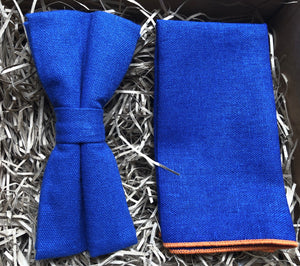 The Desert Bluebell Set: Royal Blue Linen Bow Tie, Royal Blue Pocket Square, Tie Set, Wedding Ties, Groomsmen Gifts, Men's Gifts