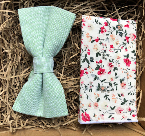 The Aloe and Briar Rose: Pastel Green Bow Tie, Floral Pocket Square, Bow Tie and Pocket Square, Wedding Bow Tie, Bow Ties, men's Bow Ties