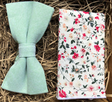 Load image into Gallery viewer, The Aloe and Briar Rose: Pastel Green Bow Tie, Floral Pocket Square, Bow Tie and Pocket Square, Wedding Bow Tie, Bow Ties, men&#39;s Bow Ties