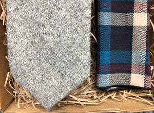 The Birch Grey Necktie and Blue Heath Pocket Square Set: Grey Necktie, Grey Tie, Mens Necktie and Check Pocket Square, Wedding ties