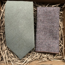 Load image into Gallery viewer, The Sage and Babington: Sage Green Necktie and Check Wool Pocket Square, Green Tie, Ties For Men, Wedding Ties, Pocket Square