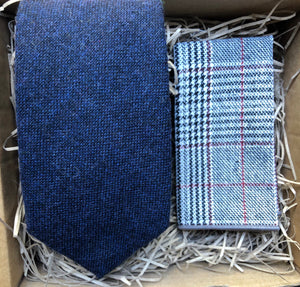 The Bellflower and Hedge: Navy Blue Necktie and Check Wool Pocket Square, Blue Wool Tie, Ties For Men, Wedding Ties, Pocket Square