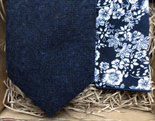 Load image into Gallery viewer, The Bellflower &amp; Windflower: Navy Blue Men&#39;s Tie, Blue Floral Pocket Square, Blue Men&#39;s Wool Ties, Wedding Ties, Men&#39;s Gifts, Ties For Men