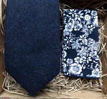 Load image into Gallery viewer, The Bellflower &amp; Windflower: Navy Blue Men&#39;s Tie, Blue Floral Pocket Square, Blue Men&#39;s Wool Ties, Wedding Ties, Men&#39;s Gifts, Ties For Men