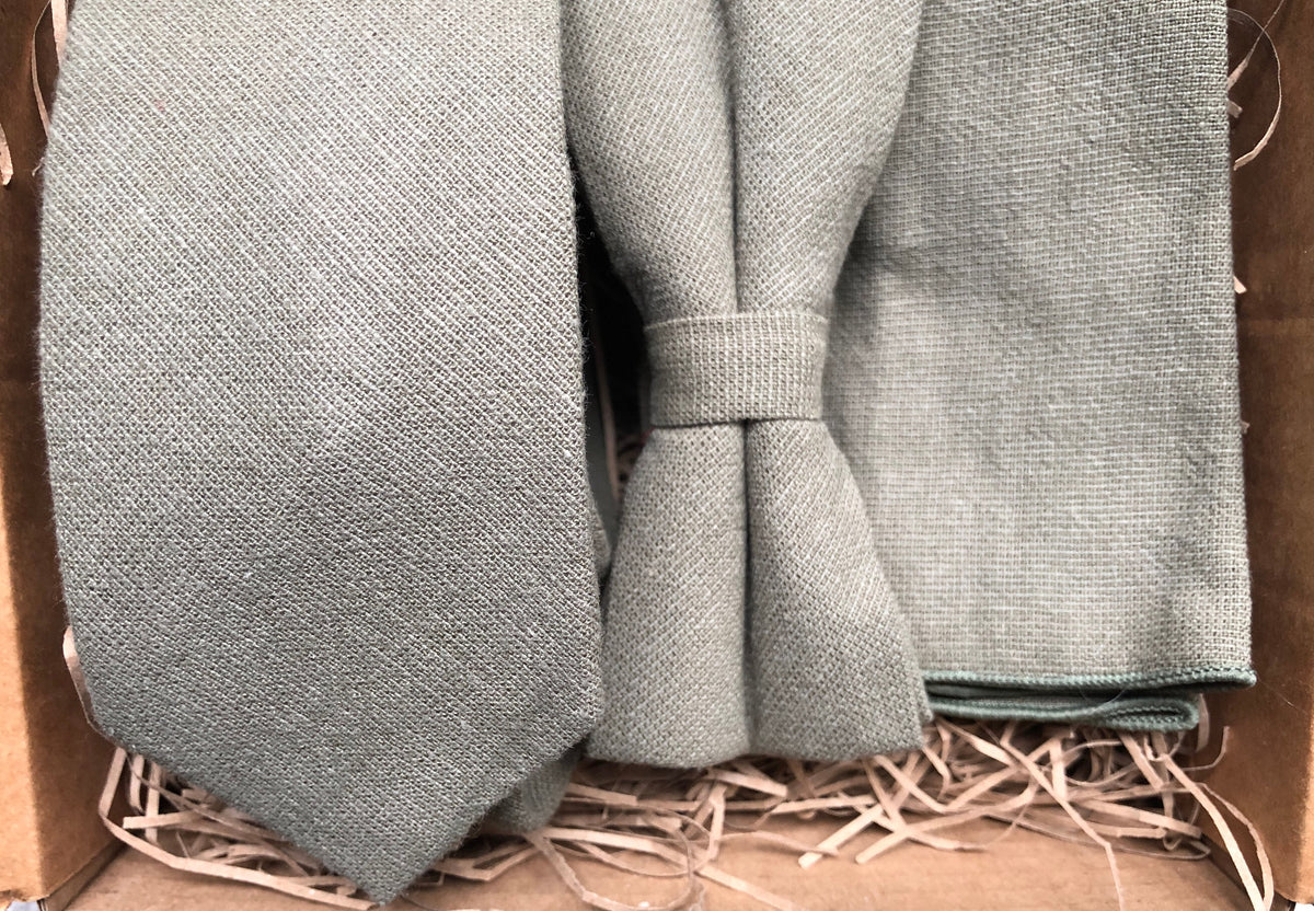The Sage: Men's Tie, Green, Bow Tie, Pocket Square, Olive, Gift, Set, Linen, Wedding, Groomsmen, Husband