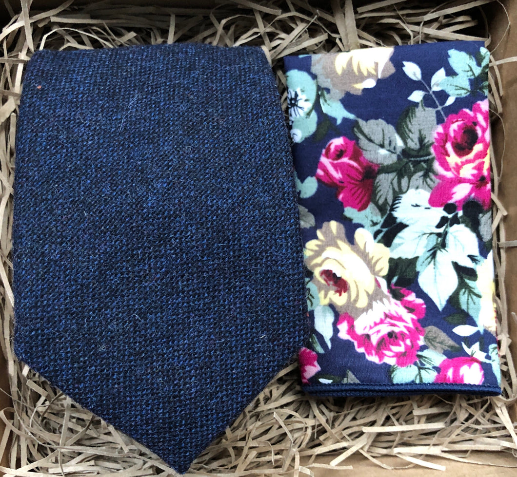 The Bellflower & Iris: Navy Blue Men's Tie, Pocket Square, Navy Blue Wool Neckties, Blue Men's Ties, Wedding Ties, Men's Gifts, Ties For Men