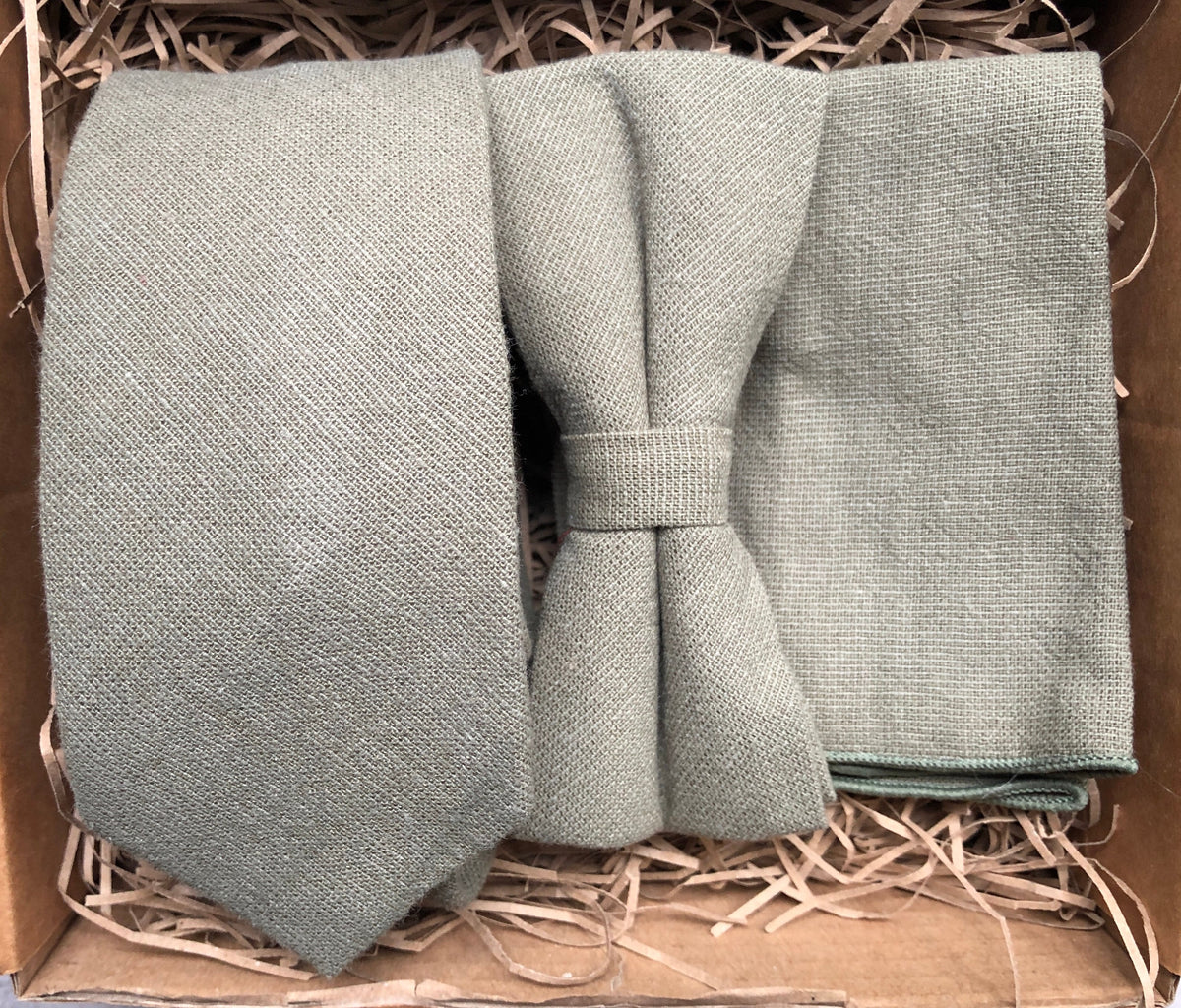 The Sage: Men's Tie, Green, Bow Tie, Pocket Square, Olive, Gift, Set, Linen, Wedding, Groomsmen, Husband