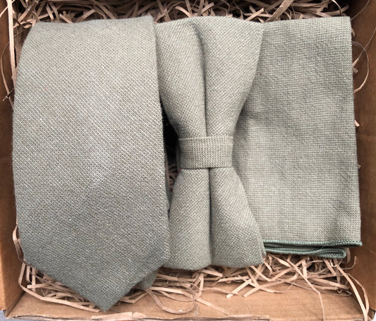 The Sage: Men's Tie, Green, Bow Tie, Pocket Square, Olive, Gift, Set, Linen, Wedding, Groomsmen, Husband